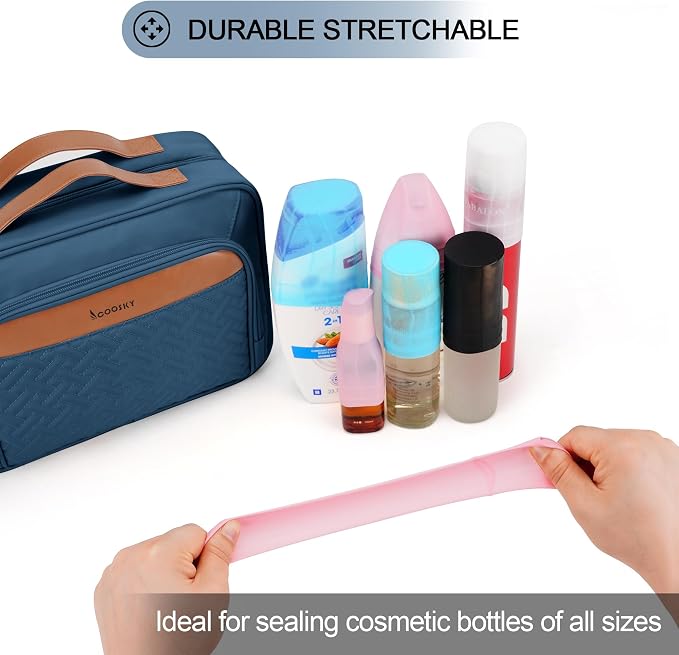 COOSKY Travel Hanging Toiletry Bag for Women, Large Makeup Bag 8 Leak Proofing Silicone Bottle Covers, Waterproof Cosmetic Bag with Jewelry Organizer Compartment, Toiletries Kit Set, Navy Blue