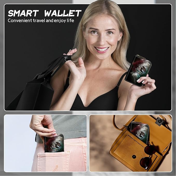 Cute Credit Card Holder with Zipper, Mexico Flag RFID-Blocking Card Case Small Wallet for Women Men, Multi-slot Card Organizer Case Travel Accordion Wallet