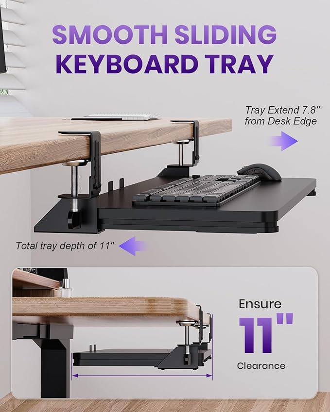 Ergonomic Mouse & Keyboard Tray Under Desk, Pull Out with Adjustable C-clamp, 20 (25.9 Including Clamps) x 11.8 Inch Slide Out Computer Keyboard Drawer Mouse Tray for Typing, Black