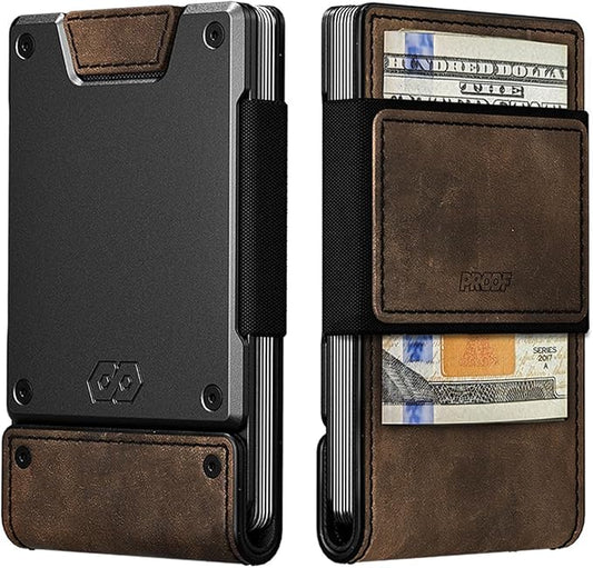 PROOF Wallet | Slim Minimalist Wallets for Men | Leather & Metal | RFID Wallet | Front/Back Pocket | Gift Box | Veteran Owned
