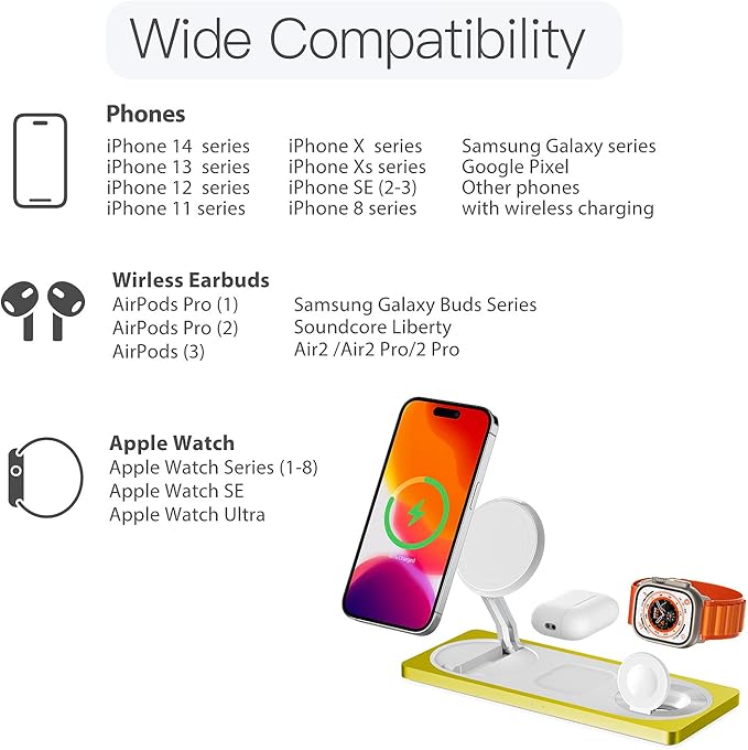 3-in-1 Charging Station for Apple Devices: Used for iPhone and Watch Charging Station with Magsafe Charger Stand, Wireless Charger for iPhone 17 Air 16 15 14 13 Series, Apple Watch Ultra, AirPods Pro