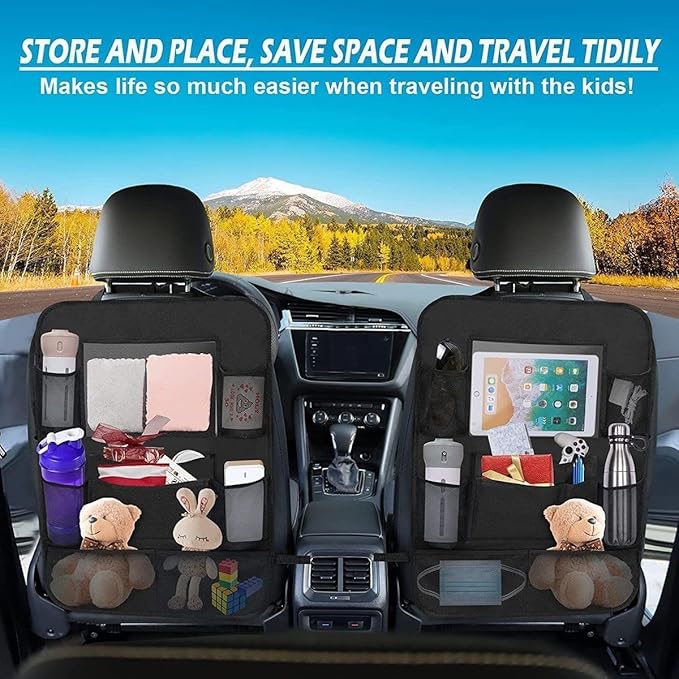 2 Pack Car Seat Organiser, Car Tidy Organiser Back Seat, Water Proof Oxford BackSeat Protector with 10" Ipad Tablet Holder, 9 Pockets for Books, Bottles, Black