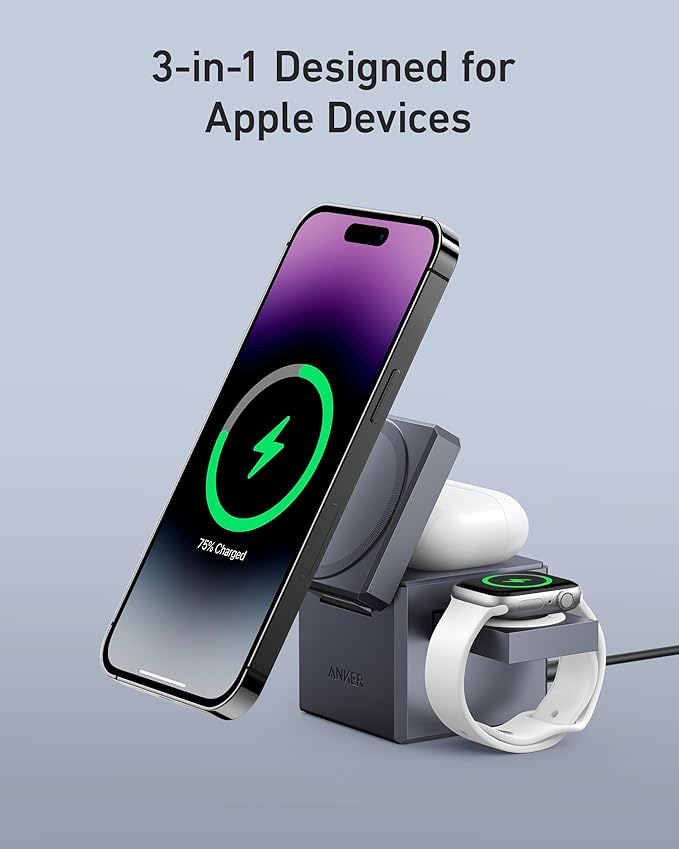Anker MagSafe Charger Stand, iPhone 17 Wireless Charger, 3-in-1 Cube with MagSafe, 15W Foldable Fast Charging Stand, for iPhone 17/16/15, Apple Watch 1-8/Ultra, AirPods (30W USB-C Charger Included)