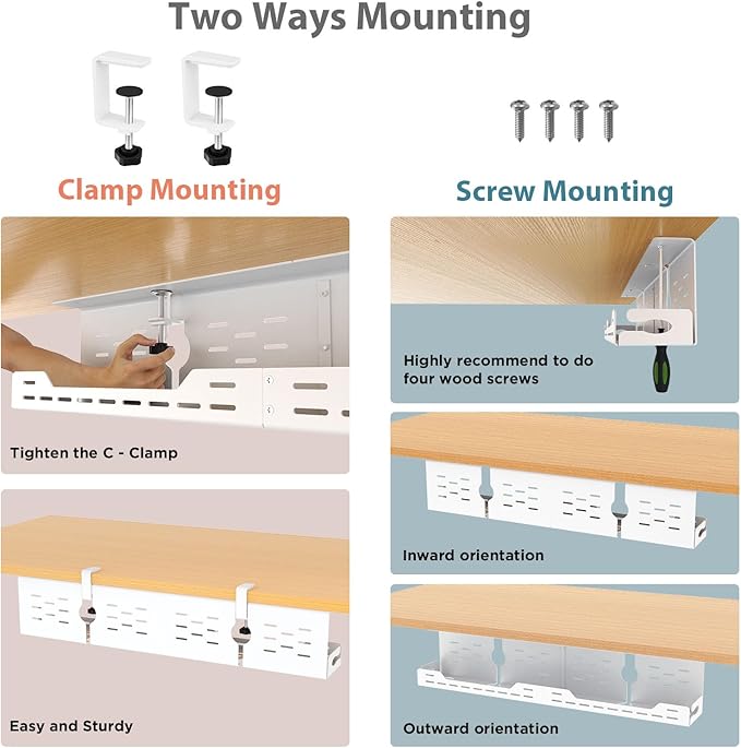 Univivi Under Desk Cable Management Tray - 32" Steel Cord Organizer, No-Drill C-Clamp & Screw Mount for Office/Home, Effortless Wire Management (White)