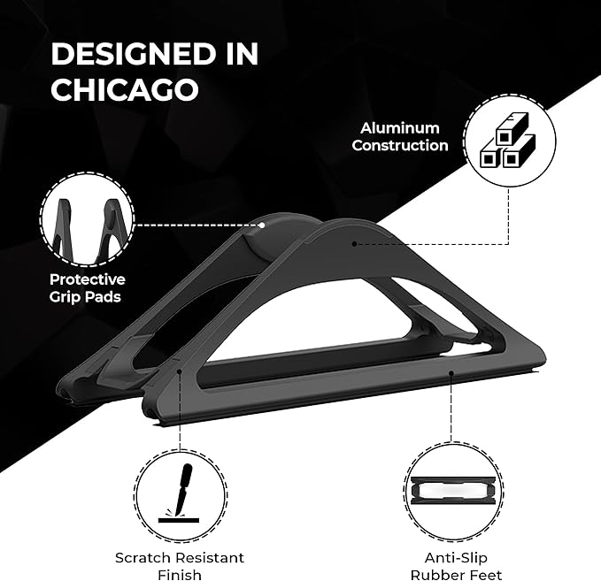 HumanCentric Vertical Laptop Stand for Desks in Matte Black, Upright Adjustable Holder to Dock Apple MacBook Stand, and Other Laptops to Organize Work & Home Office, Automatic Grip