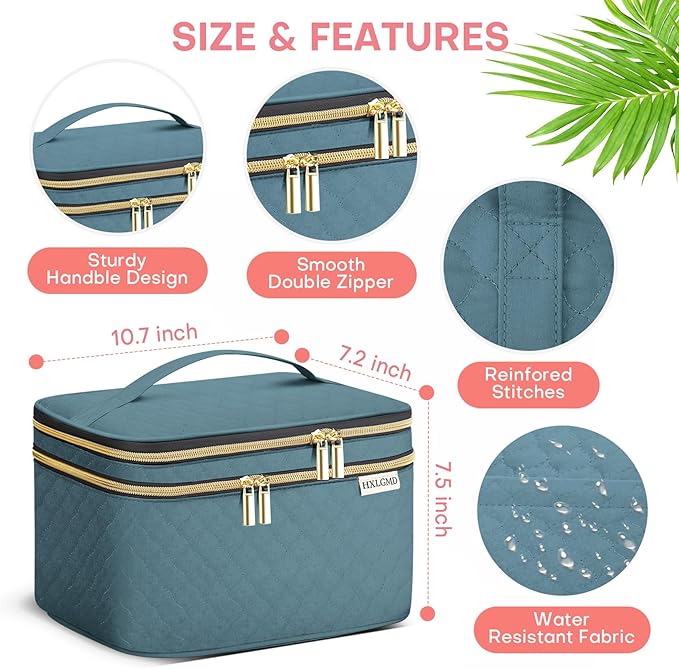 HXLGMD Large Makeup Bag with Mirror Double Layer Travel Make Up Organizer Case, Large Capacity Coemetic with Brush Slot Divider, Travel Toiletry Bag for Women (Lake Blue)
