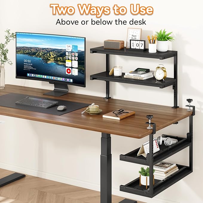 IBUYKE Clamp on Desk Shelf, 22.8” Large Desk Extender Shelves,Tool-Free Flexible Repositioning and Adjustable 2-Tier Storage Shelves for Desktop Accessories Below Desk TMZ010B