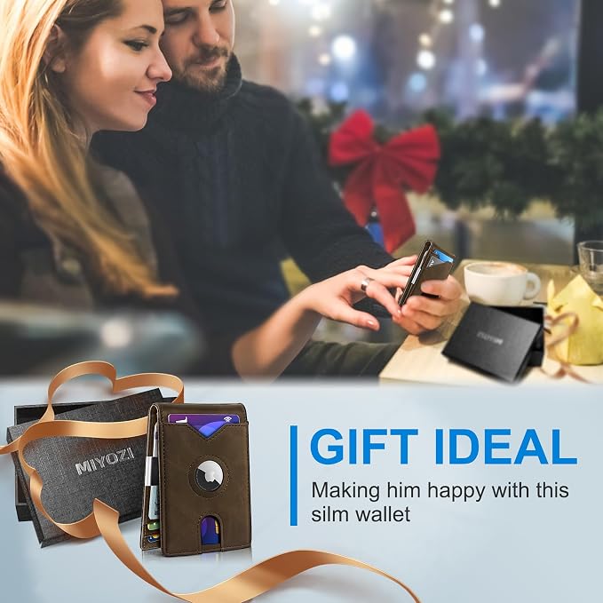miyozi Airtag Wallet for Men,with Money Clip 11 Cards Slim Front Pocket Leather RFID Blocking Wallet with Gift Box