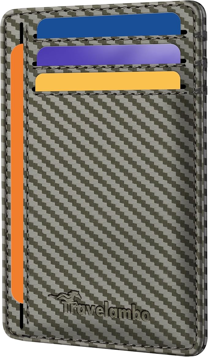 Travelambo Front Pocket Minimalist Leather Slim Wallet RFID Blocking Carbon Fiber Texture