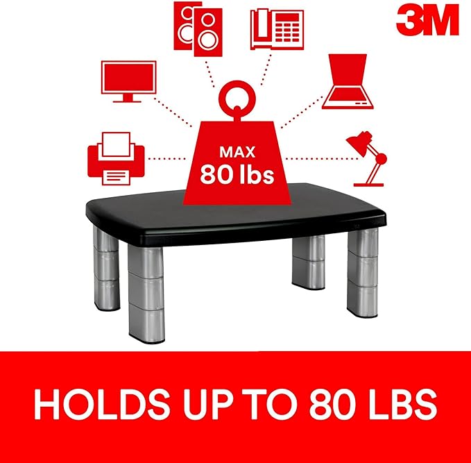 3M Adjustable Monitor Stand, Three Leg Segments, Simply Adjust Height from 1" to 5 7/8", Holds Up to 80 lbs, 11" Space Between Columns, Silver/Black (MS80B)