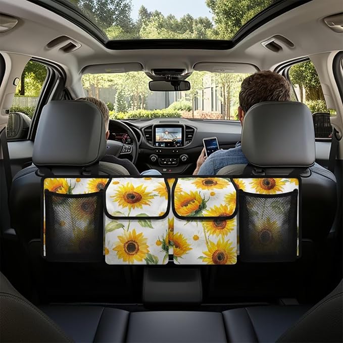 Sunflower Hanging Trunk Organizer for SUV Back Seat Organizer with Elastic Net Collapsible Cargo Storage Bag Car Interior Accessories