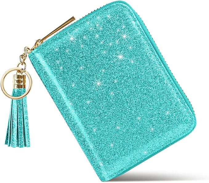 Coco Rossi Women's Small Credit Card Wallet RFID Cute Card Holder for Women with Tassel, Blue Green Glitter