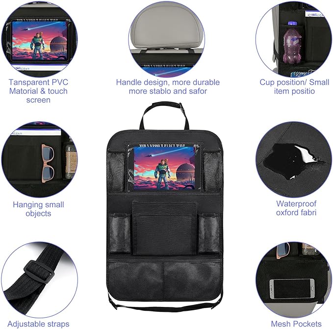 2 Pack Car Seat Organiser, Car Tidy Organiser Back Seat, Water Proof Oxford BackSeat Protector with 10" Ipad Tablet Holder, 9 Pockets for Books, Bottles, Black