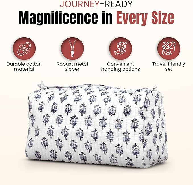 Cotton Hand Block Floral Print Toiletry Bag For Women Make Up Cosmetic Bag Jewelry Organizer Kit Storage Case Travel Accessories Essential Toiletries Purse Pouch (White - Small Medium Large, Set of 3)