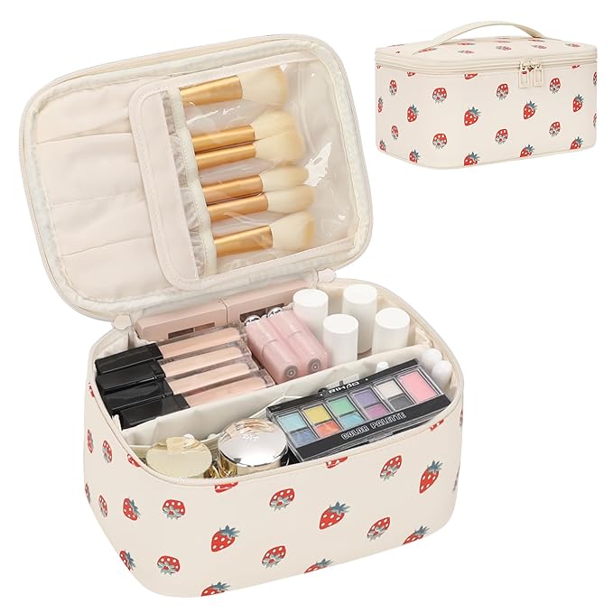 OCHEAL Makeup Bag,Travel Makeup Organizer Bag, Large Capacity Cosmetic Bags For Women Large Travel Toiletry Bag Girls Traveling With Brush Slot And Divider-PU Strawberry