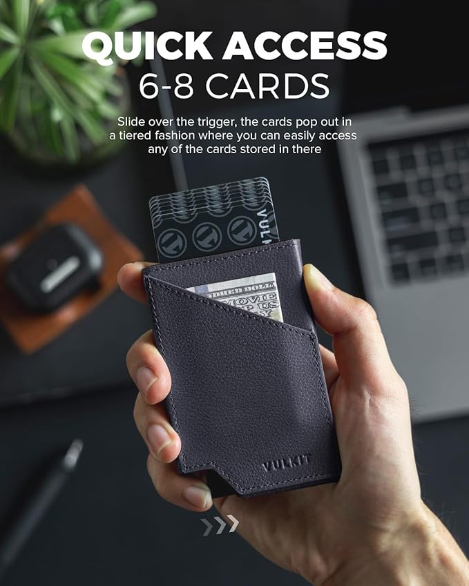 VULKIT Pop up Card Wallet Genuine Leather RFID Blocking Slim Aluminum Metal Bank Card Holder Case with Business Money Pocket for Credit Cards Notes and Coins Black