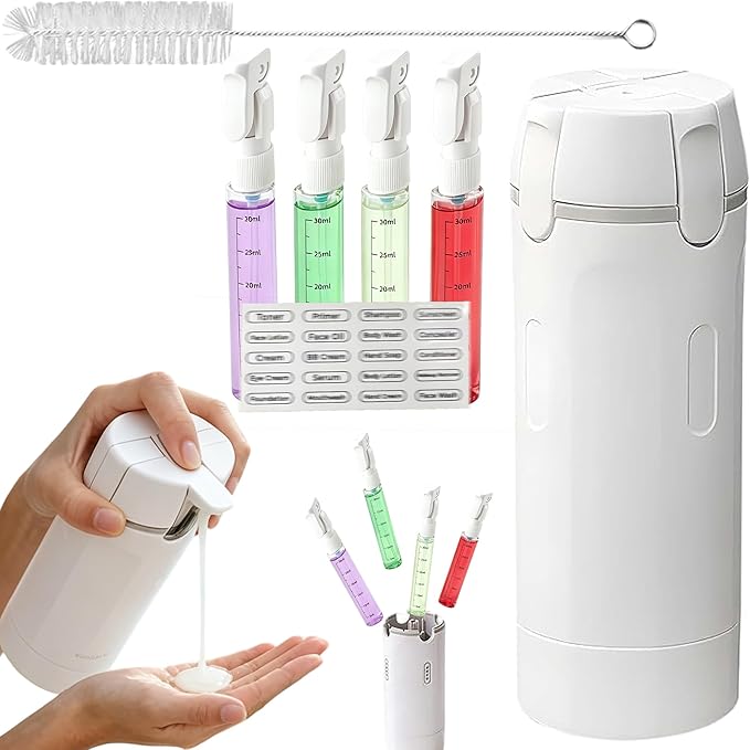 4 in 1 Travel Dispenser Bottle, 4 Pack 30ml Portable Leakproof Rotatable Travel Dispenser Set with Label, Suitable for Storing Shower Gel, Shampoo, Laundry Detergent, for Travel, Camping (White)