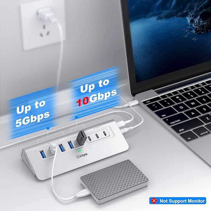 Powered USB Hub 10Gbps, intpw YH6AC Plus 10 Port USB 3.2 Hub(USB A/USB C 3.2+3 USB-A 3.0+2 PD 45W Fast Charging Ports+SD/TF Card Reader), 65W Power Adapter,Aluminum USB HUB for PC,Laptop,iPhone 17/16