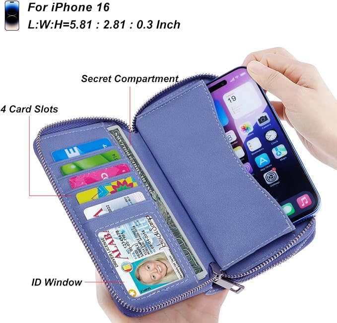 Cellphone Wallet for Women Dual Zipper Long Purse with Removable Wristlet