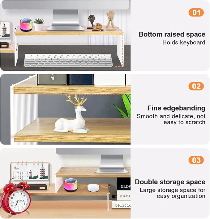 YGYQZ Adjustable Monitor Stand Riser with Acrylic Legs丨19.3" Length Dual Monitor Stand for Desk丨2-Tier Wood Desktop Organizer for Computer, Laptop, Printer & PC丨Modern Aesthetic Desk Shelf(wood-wavy)
