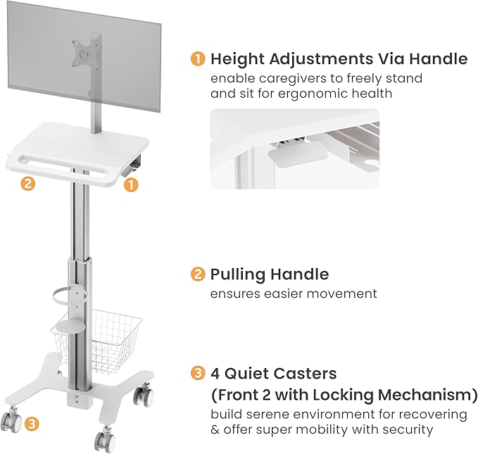 Mount Plus MB-C10 Medical Trolley Cart For Monitor Desktop With Keyboard Table, Basket, Wipe Holder, Scanner Holder For Hospital Clinic Dental Office Home Office | Height Adjustable Mobile Workstation