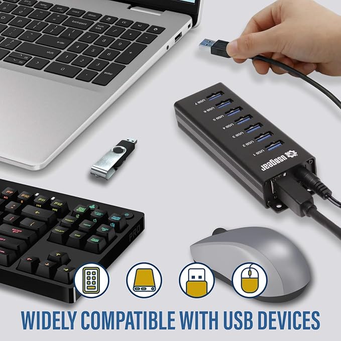 USBGear 7-Port USB Hub 3.2 Gen 1 – Mountable SuperSpeed Data Hub with USB Ports for Laptop, PC, Desktop, and More, 5V/4A Power Adapter with Type-A to Type-B Cable (3ft), Computer Accessories