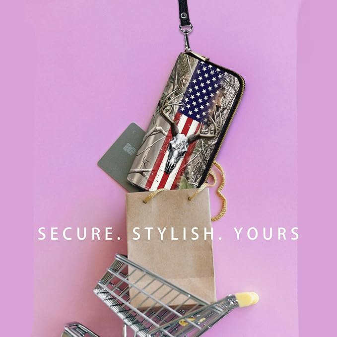 Zip Around Wallets for Women with Detachable Wrist Strap, Large Capacity RFID Blocking Leather Purse Organizer Card Holder Wristlet,American Flag Camo Deer Skull