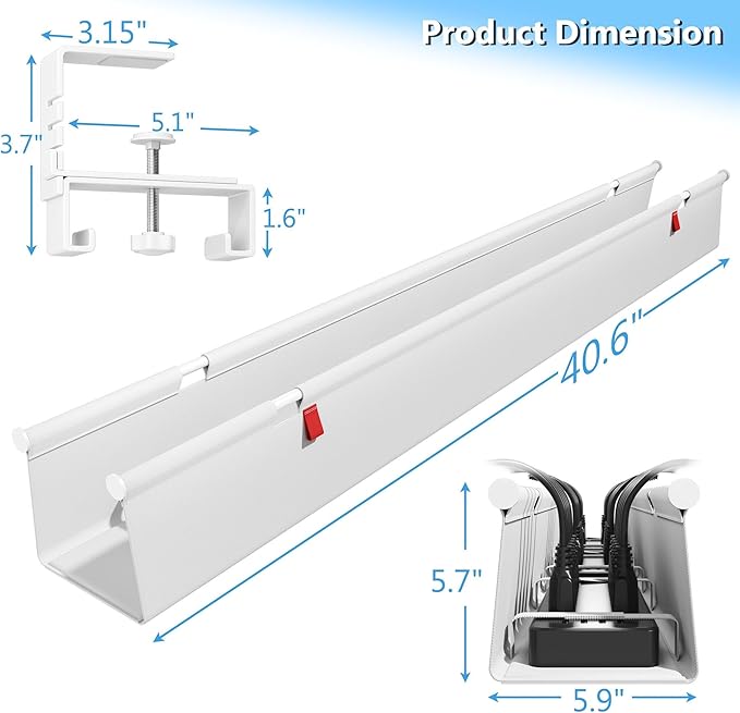 Litwaro Under Desk Cable Management Tray No Drill, 40.6" Cord Organizer with Clamp for Standing Desk, Premium Fabric Cable Tray with Wire Management for Office Home, White