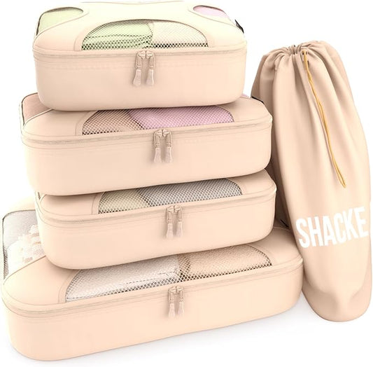 Shacke Packing Cubes for Travel 5 Set - Premium Luggage Organizer Bags - Versatile Travel Organizer for Women and Men - Optimized Packing Bags - Travel Essentials (Cream)