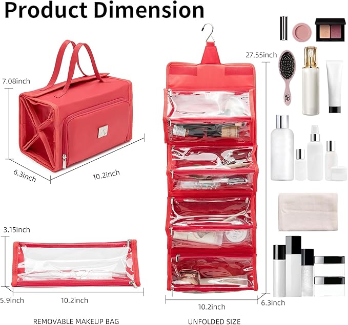 ROYALFAIR Roll Up Makeup Bag, Travel Toiletry Bag for Women with 4 Clear TSA Approved Pouches, Hanging Travel Organizer, Folding Cosmetic Bag for Men and Women (Red)