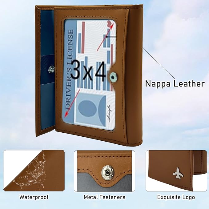 Pilot Wallet Passport Holder RFID Blocking Nappa Leather Travel Wallet, Stylish Travel Companion for Aviation Professionals (Brown)