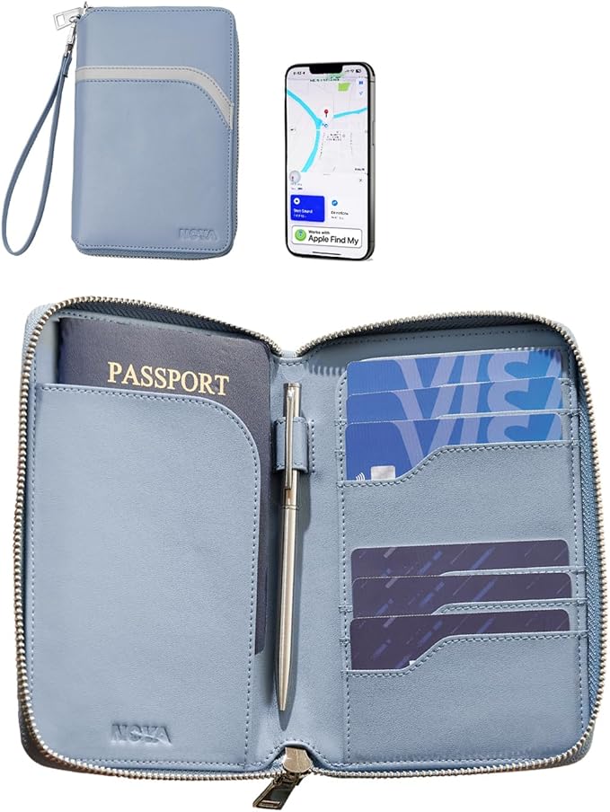 Nova RFID Blocking Passport Holder w/Hidden AirTag Trackable Card, Women Passport Wallet For Travel, Large Organzier For 2 Passports,Cash w/zipper & Wrist Lanyard（Blue）
