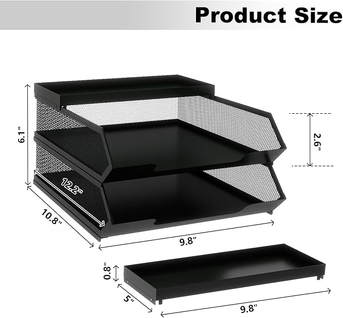 Natwind 2-Tier Stackable Metal Mesh Paper Organizer with Sliding Tray,Black | Desk Organizer for Office Supplies, Letter Tray For Desktop,File Holder For Home School Classroom Organization