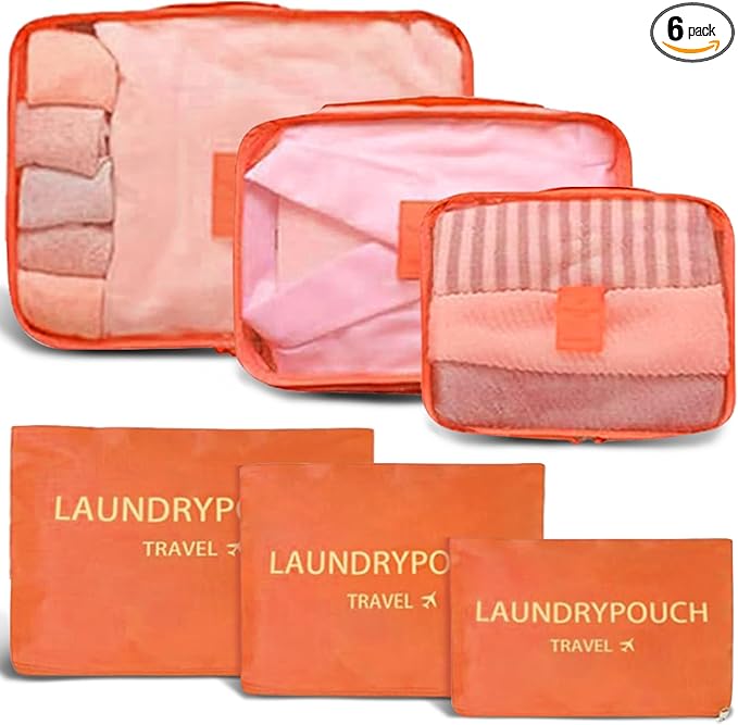 6 Set Packing Cubes for Travel Luggage Packing Bags Reusable Waterproof Suitcase Organizer Bags Set with Shoe Bag and Toiletry Bag (Orange)