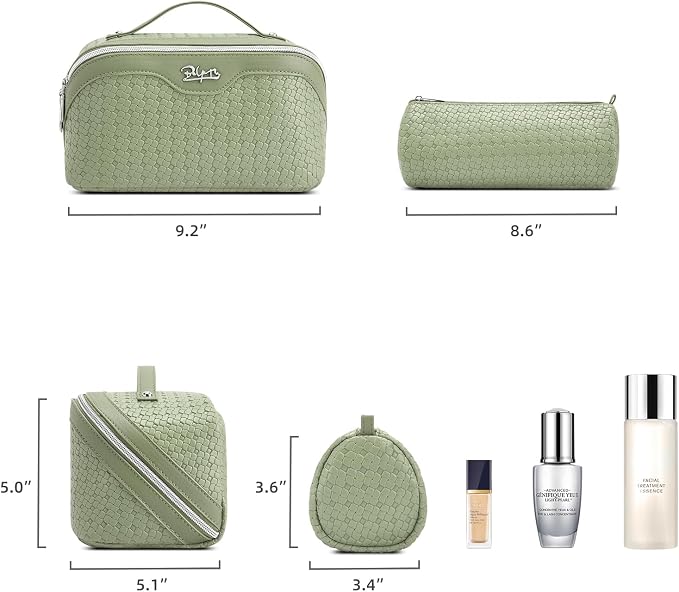 BOYATU Travel Makeup Bag Cosmetic Bags for Women: Large Capacity 3 Pcs Set Make up Bag with Compartments - Waterproof Vegan Leather Toiletry Organizer Bags with Handle (L51Grass Green)