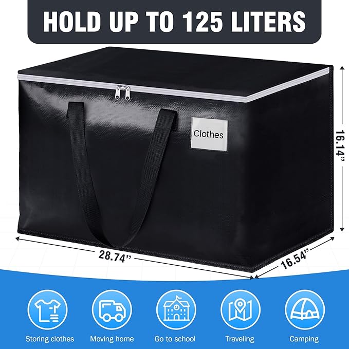 BlissTotes Moving Bags, Heavy Duty Moving Boxes with Zippers Top and Sturdy Handles, Storage Bags for Space Saving and Packing, Collapsible Moving Supplies, Storage Totes (125L, 2-Pack, Black)