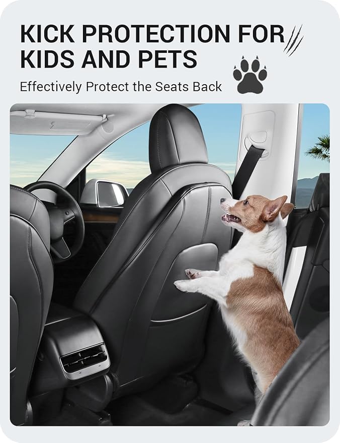 BASENOR 2026 Tesla Model Y(Juniper)/3/S/X Leather Seat Back Kick Protector, Backseat Mats for Kids - Extra Organizer Pocket, Waterproof Scratchproof Resistant Protection Black (Set of 2)