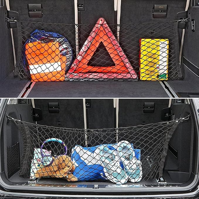 Car Rear Cargo Net, Universal Adjustable Elastic Trunk Cargo Storage Organizer Net Compatible for SUV, Jeep, Truck, Storage Nylon Mesh Double-Layer with Hooks (35.4 x 15.7 Inch)