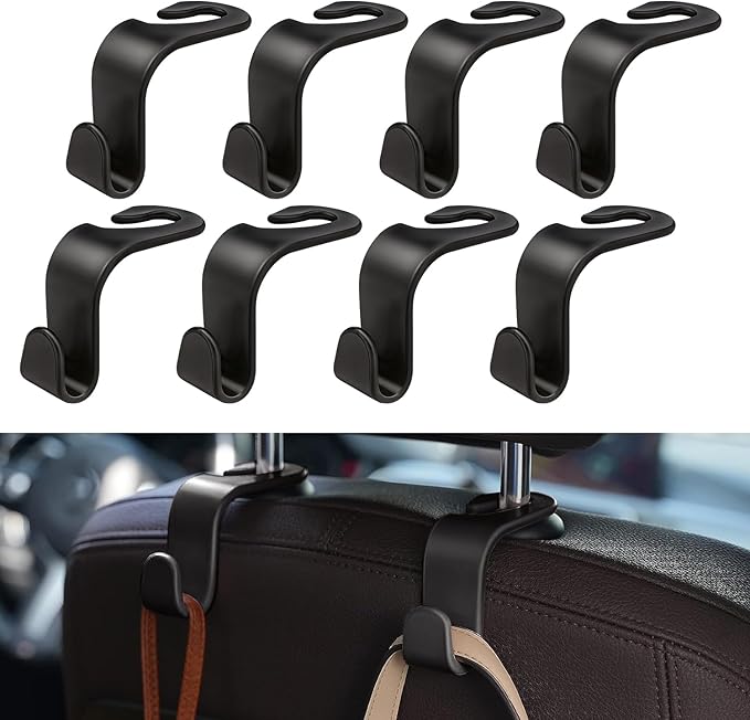8 Pack Car Seat Headrest Hooks with 44 Pounds Load Capacity, Hangers Storage Organizer Universal Car Interior Accessories for Handbags Water Bottles Purse Coats Umbrellas, Black