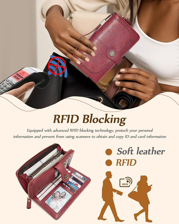 TFKGS Wallet for Women RFID Blocking Leather Large Capacity Card Holder Ladies Phone Clutch Travel Long Purse Wristlet | RFID Blocking, Leather, Large Capacity, Ladies, Travel