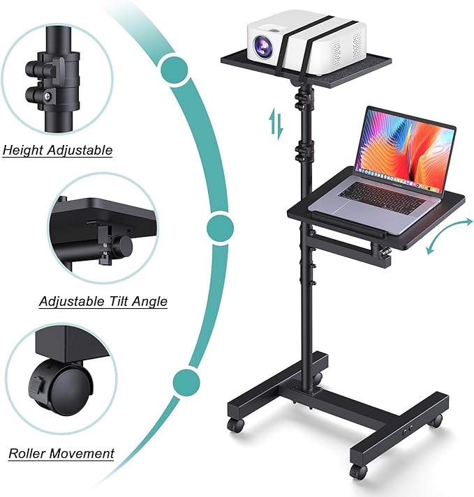 2 Shelves Projector Stand Tripod, Height Adjustable Max 64", Mobile Laptop Cart on Wheels Projector Tripod Stand, Overbed Table with Wheels, Rolling Laptop Floor Stand for Couch