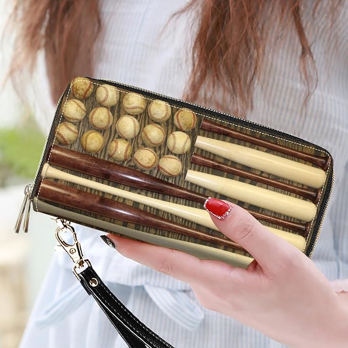 Women's Large Capacity Wallet PU Leather Double Zipper Clutch Purse Multifunctional Wallet with Removable Wristlet Strap for Smart Phone/Coin/Card/Cash, Baseball Combination American Flag