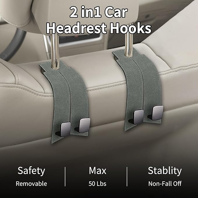 vidonio 2 Pack Double Car Seat Hooks for Headrest, Rotatable Purse Holder for Car,Premium Leather Car Hooks for Purses and Bags, Headrest Hooks and Storage Accessories (Gray)