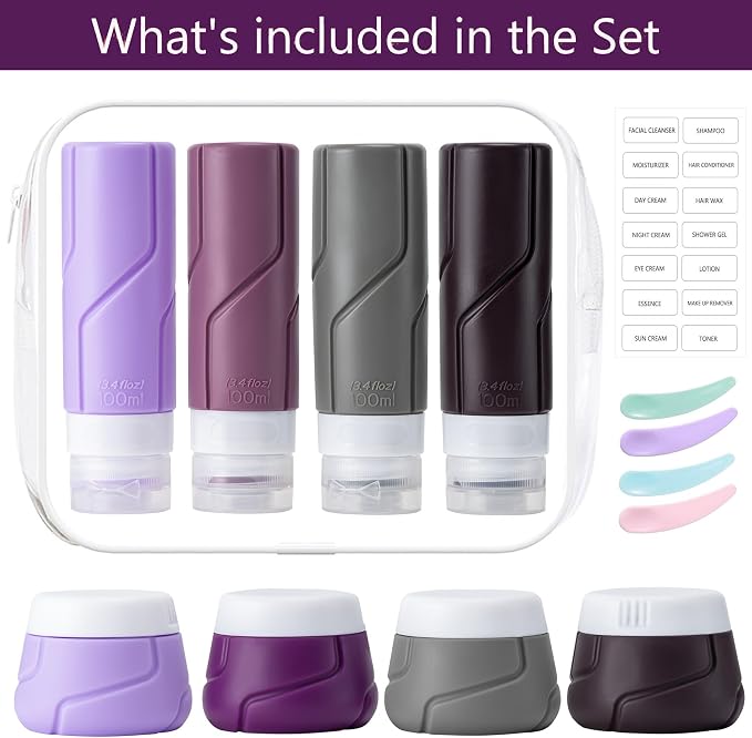Travel Bottles - 15 Pack, TSA Approved Travel Size Toiletries, Leak Proof Silicone Squeezable Containers in Clear Bag(Purple)