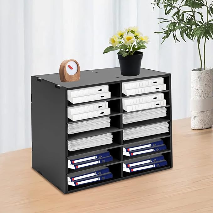 Literature Organizer 12 Slots, Compartments Mail Sorter Organizer, Adjustable Desktop File Organizer with Removable Shelves, Paper Organizer for Home Office School (Black, 12 Slots)