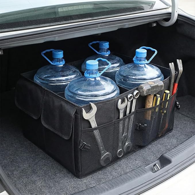 HZEL Car Trunk Organizer, Foldable Large Capacity Vehicle Backseat Cargo Net Storage Container with Handle, Collapsible Waterproof Automotive Trunk Storage Organizer, Universal for Vehicles