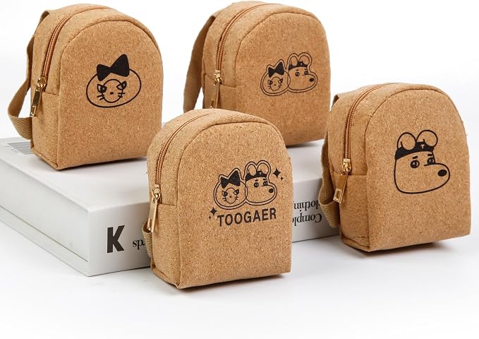 AIBFRID 4Pcs Mini Backpack Keychain,Cute Cosmetic Bag for Women,PU Leather Makeup Bag Key Pocket Lipstick Bag Card Holder Data Cable Organizer Zipper Pouch (Brown Kraft Paper)