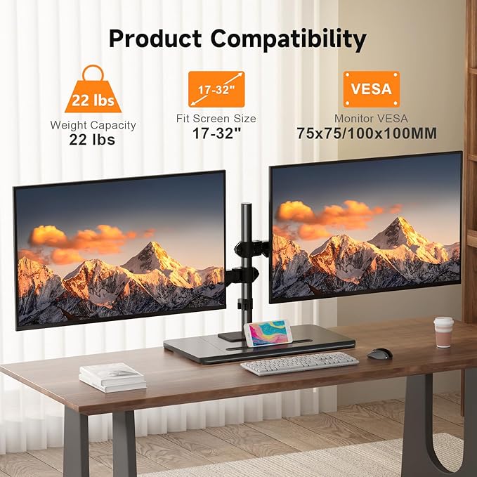 Pholiten Dual Monitor Stand with Wooden Base, Gas Spring Height Adjustable Arms, Each Holds 32 Inch Screen up to 22lbs, VESA Mount 75x75/100x100mm, Tilt/Swivel/Rotate - Ergonomic Desk Mount
