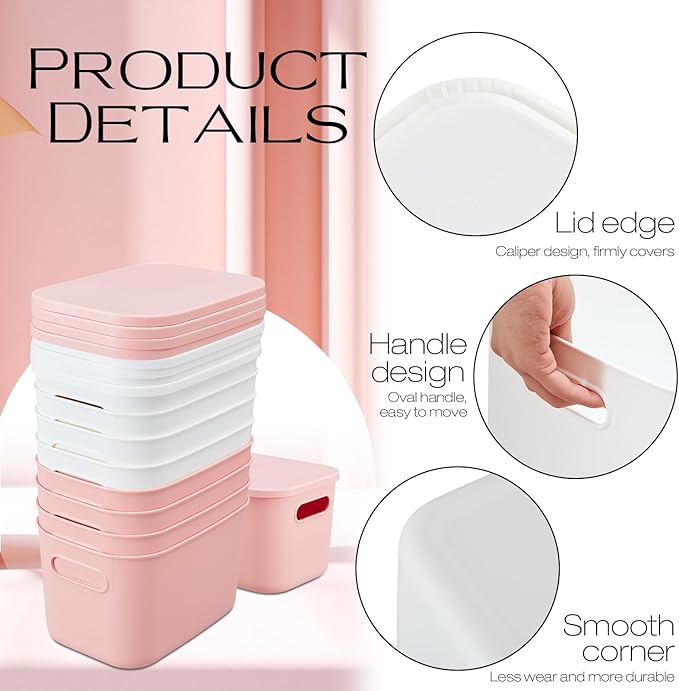 Hoolerry 8 Pieces Colorful Storage Bins with Lid, Plastic Storage Basket Organizing Container Stackable Box with Handle for Shelves Desktop Playroom Office(9.8 x 7.1 x 6.3 Inch,White and Pink)