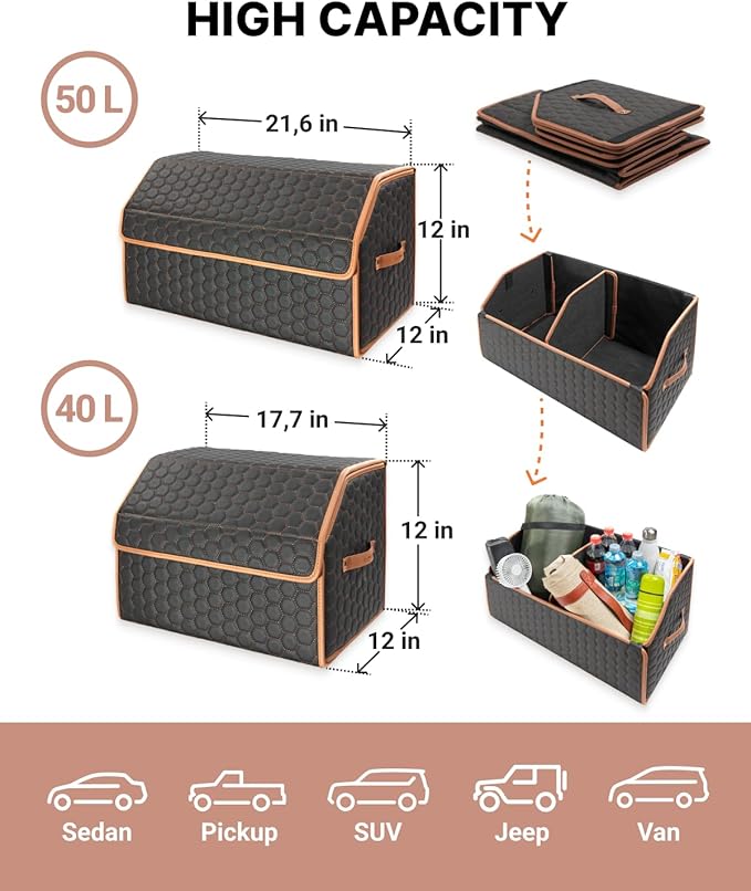 Owleys Trunk Organizer for Toyota Tacoma 2000–2025 – Car Storage Box for Truck Bed & SUV – Waterproof Foldable Car Trunk Organizer with Lid – Car Accessories for Men – Tacoma Organizer (Hexy 21+17)